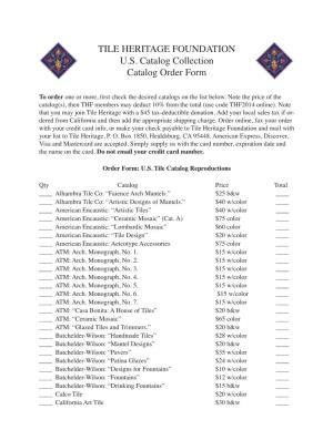 TILE HERITAGE FOUNDATION U.S. Catalog Collection Catalog Order Form