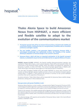 Thales Alenia Space to Build Amazonas Nexus from HISPASAT, a More Efficient and Flexible Satellite to Adapt to the Evolution of the Communications Market
