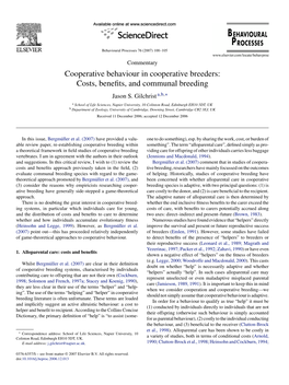 Cooperative Behaviour in Cooperative Breeders: Costs, Benefits, And
