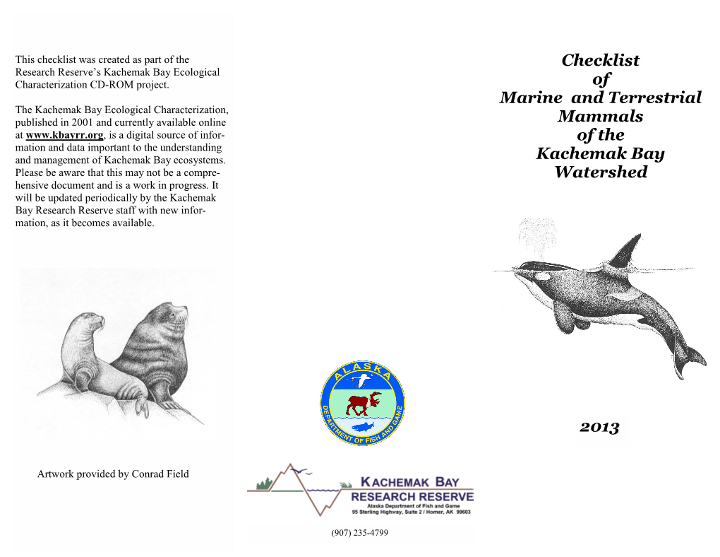 Checklist of Marine and Terrestrial Mammals of the Kachemak Bay