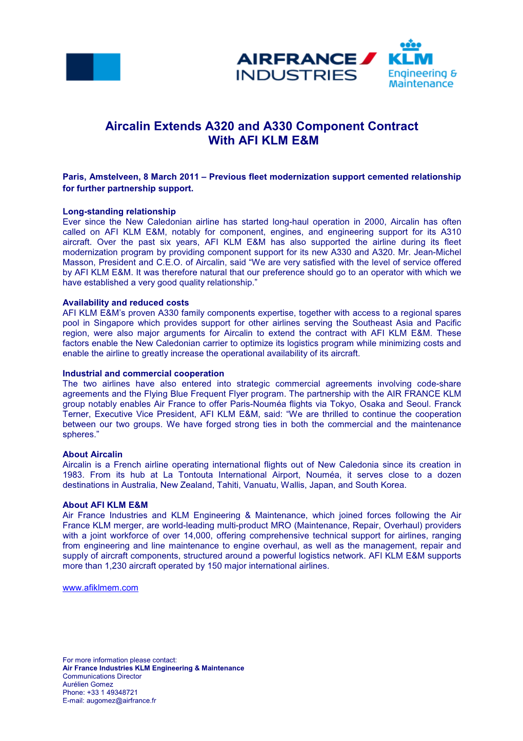 Aircalin Extends A320 and A330 Component Contract with AFI KLM E&M