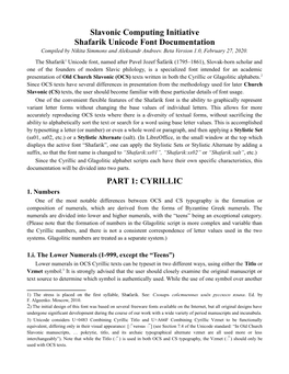 Slavonic Computing Initiative Shafarik Unicode Font Documentation PART 1: CYRILLIC
