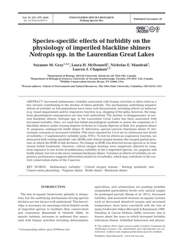 Species-Specific Effects of Turbidity on the Physiology of Imperiled Blackline Shiners Notropis Spp. in the Laurentian Great Lakes