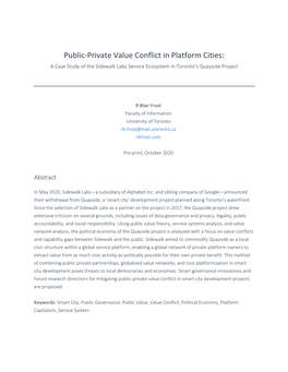 Public-Private Value Conflict in Platform Cities: a Case Study of the Sidewalk Labs Service Ecosystem in Toronto’S Quayside Project