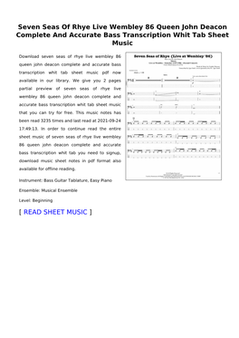 Seven Seas of Rhye Live Wembley 86 Queen John Deacon Complete and Accurate Bass Transcription Whit Tab Sheet Music