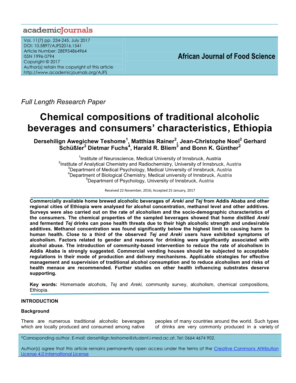 Chemical Compositions of Traditional Alcoholic Beverages and Consumers’ Characteristics, Ethiopia