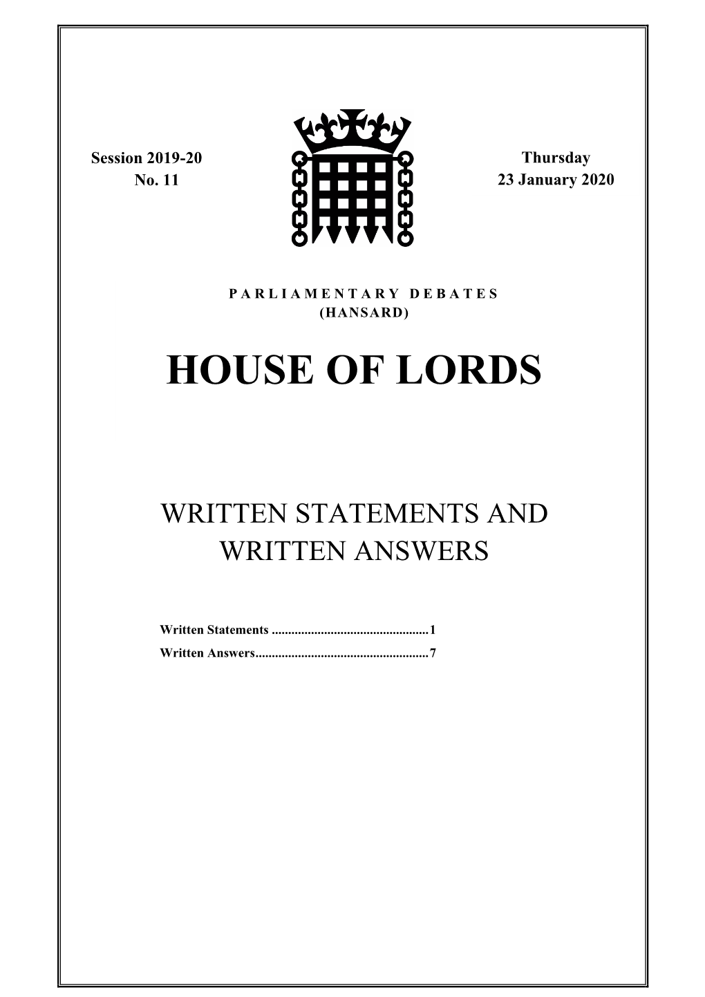 House of Lords Written Answers and Statements