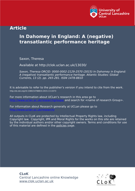 In Dahomey in England: a (Negative) Transatlantic Performance Heritage