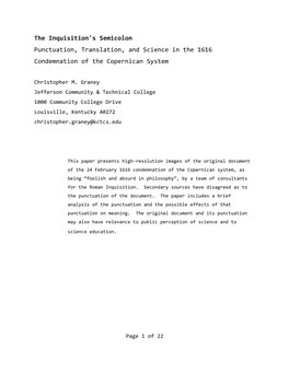 The Inquisition's Semicolon Punctuation, Translation, and Science in the 1616 Condemnation of the Copernican System