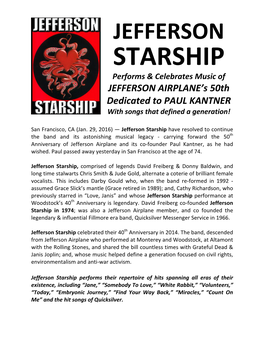 STARSHIP Performs & Celebrates Music of JEFFERSON AIRPLANE’S 50Th Dedicated to PAUL KANTNER with Songs That Defined a Generation!