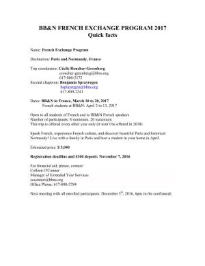 BB&N FRENCH EXCHANGE PROGRAM 2017 Quick Facts