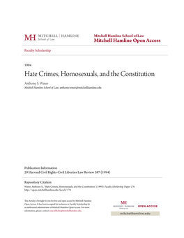 Hate Crimes, Homosexuals, and the Constitution Anthony S