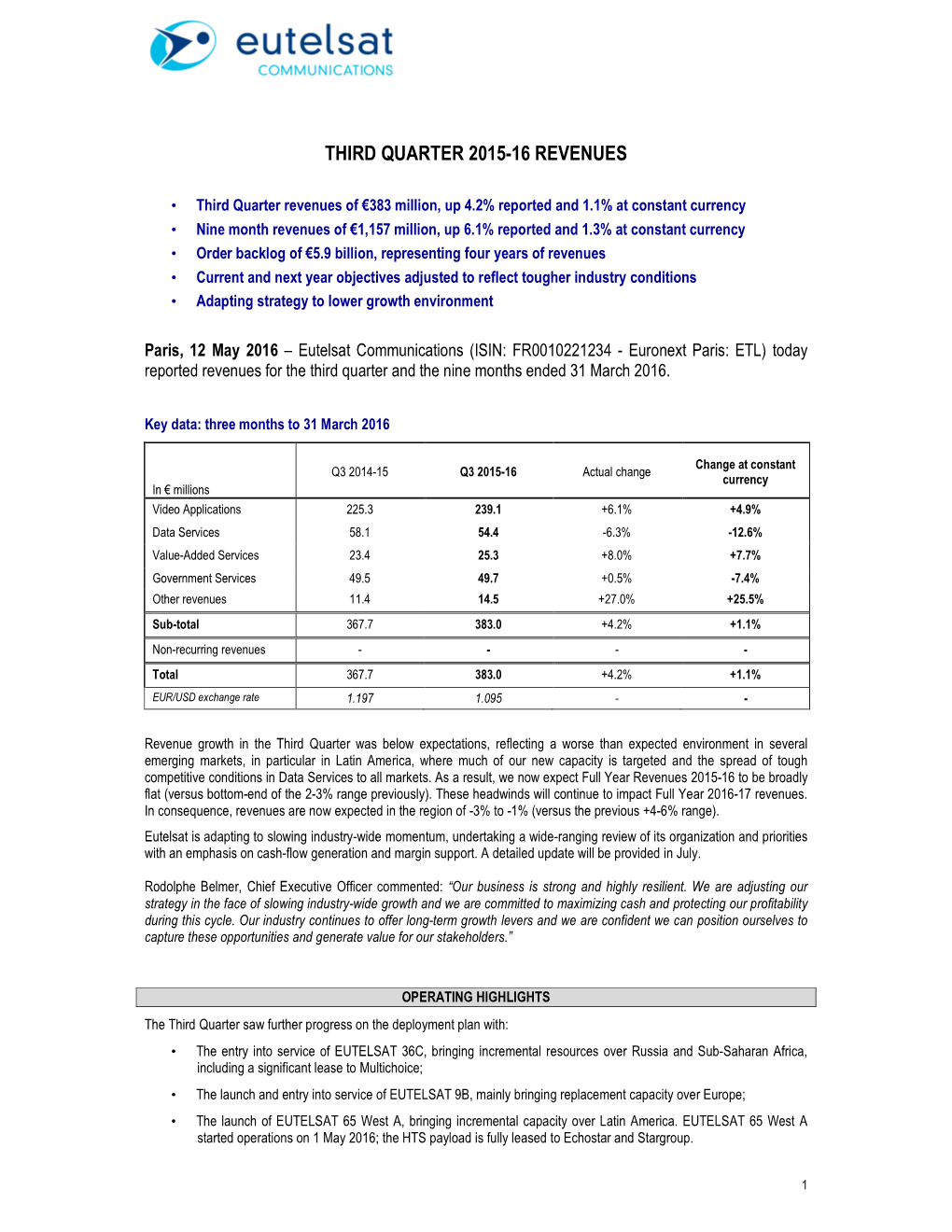 Eutelsat Communications Q3 2015-16 PR FINAL