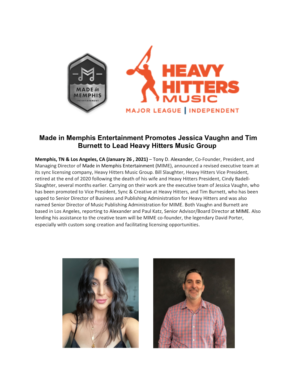 Made in Memphis Entertainment Promotes Jessica Vaughn and Tim Burnett to Lead Heavy Hitters Music Group