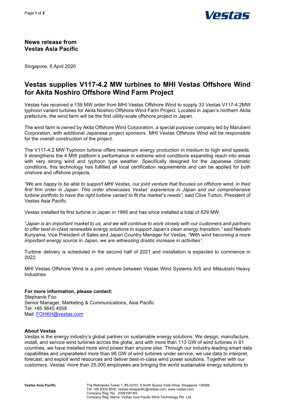 Vestas Supplies V117-4.2 MW Turbines to MHI Vestas Offshore Wind for Akita Noshiro Offshore Wind Farm Project