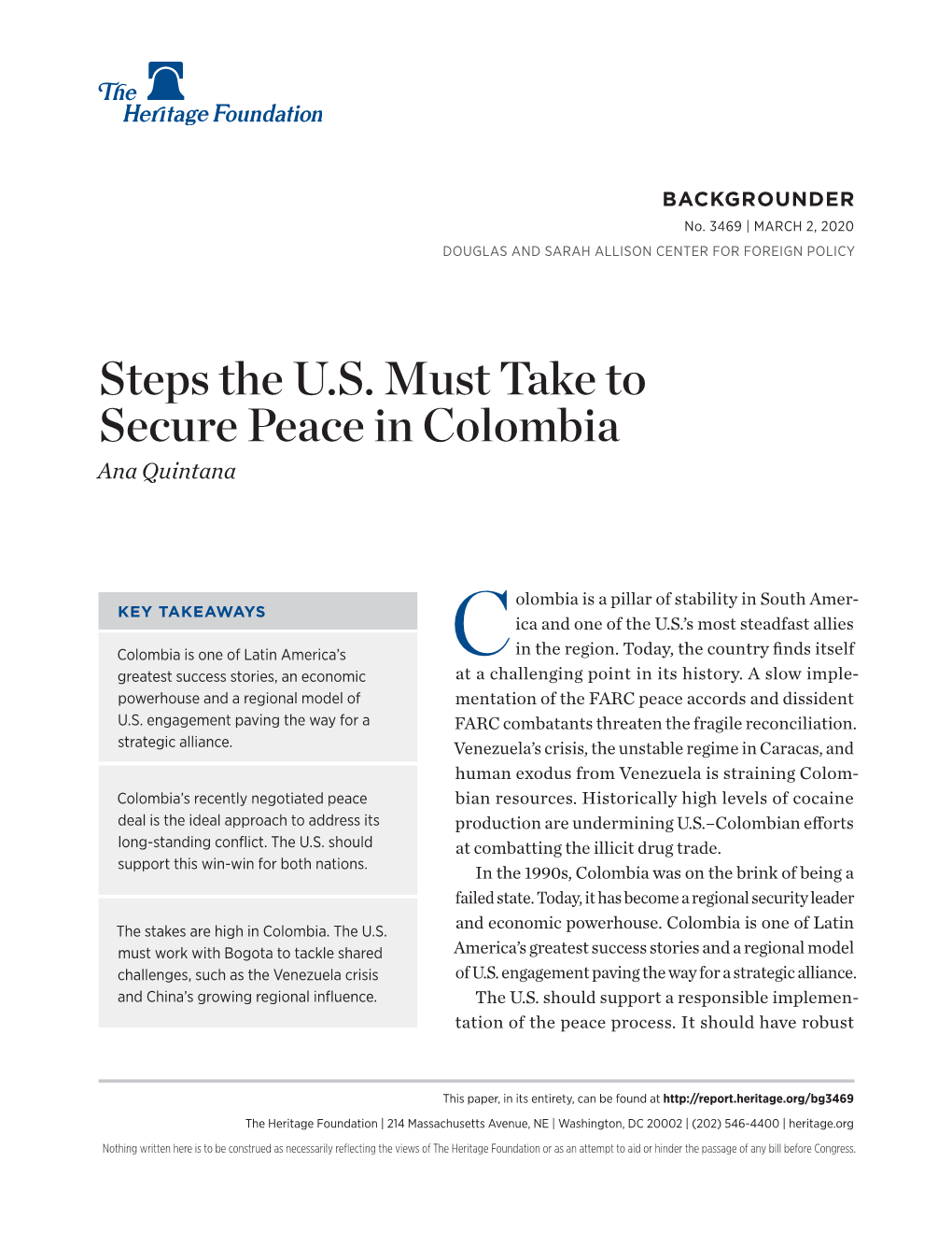 Steps the U.S. Must Take to Secure Peace in Colombia Ana Quintana