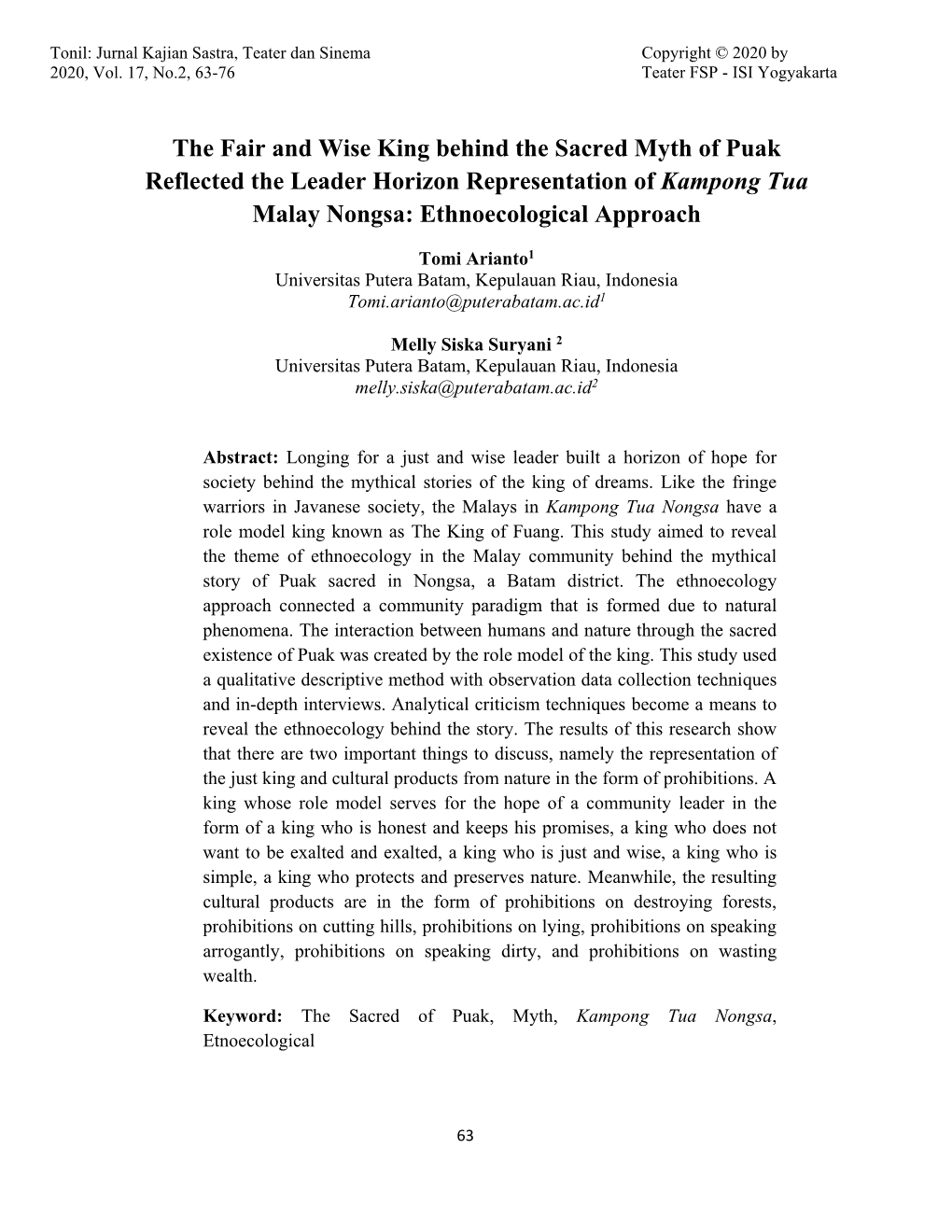 The Fair and Wise King Behind the Sacred Myth of Puak Reflected the Leader Horizon Representation of Kampong Tua Malay Nongsa: Ethnoecological Approach