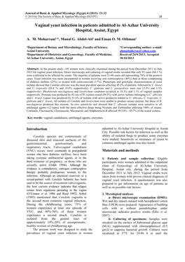 Vaginal Yeast Infection in Patients Admitted to Al-Azhar University Hospital, Assiut, Egypt