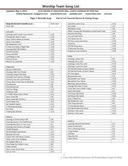 Worship Team Song List