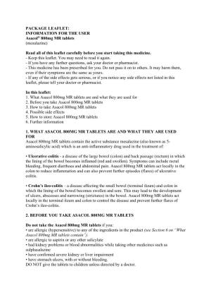 PACKAGE LEAFLET: INFORMATION for the USER Asacol® 800Mg MR Tablets (Mesalazine) Read All of This Leaflet Carefully Before You S