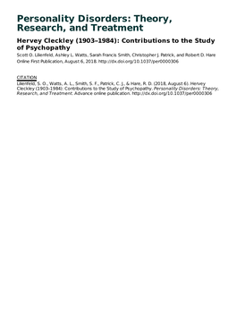 Personality Disorders: Theory, Research, and Treatment Hervey Cleckley (1903–1984): Contributions to the Study of Psychopathy Scott O