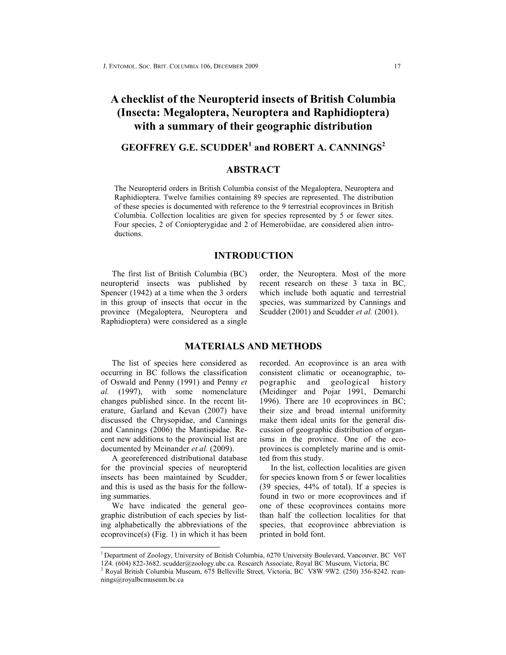 A Checklist of the Neuropterid Insects of British Columbia (Insecta: M Egaloptera, Neuroptera and Raphidioptera) with a Summary of Their Geographic Distribution