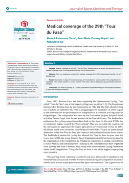 Medical Coverage of the 29Th “Tour Du Faso” ISSN 2573-1726 Abdoul Rahamane Cisse1, Jean Marie Vianney Hope2* and Abdoulaye Ba1