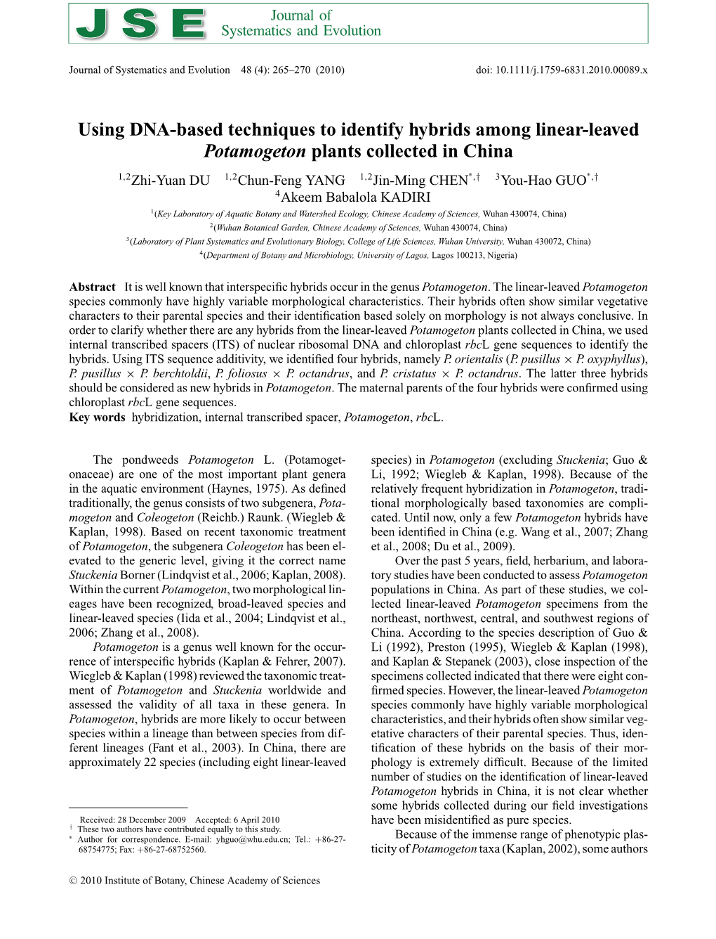 Using DNA-Based Techniques to Identify Hybrids Among Linear-Leaved Potamogeton Plants Collected in China