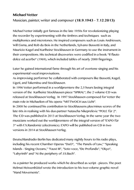 Michael Vetter Musician, Painter, Writer and Composer (18.9.1943 - 7.12.2013)