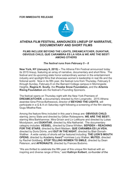 Athena Film Festival Announces Lineup of Narrative, Documentary and Short Films