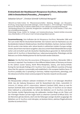 Erstnachweis Der Staublausart Mesopsocus Fuscifrons, Meinander 1966 in Deutschland (Psocodea, „Psocoptera“)