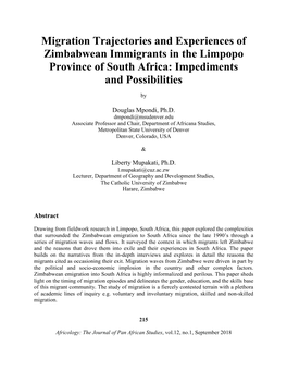 Migration Trajectories and Experiences of Zimbabwean Immigrants in the Limpopo Province of South Africa: Impediments and Possibilities