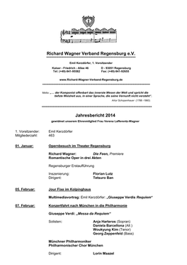 Jahresbericht 2014 Richard Wagner Verband Regensburg E.V