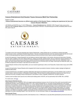 Caesars Entertainment and Houston Texans Announce Multi-Year Partnership