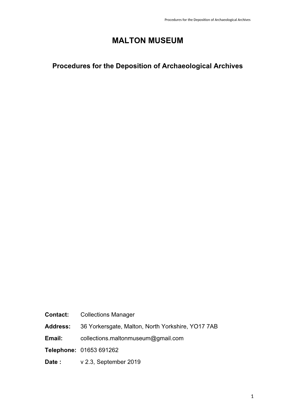 Procedures for the Deposition of Archaeological Archives