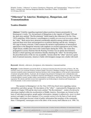 “Otherness” in America: Hemingway, Hungarians, and Transnationalism.” Hungarian Cultural Studies