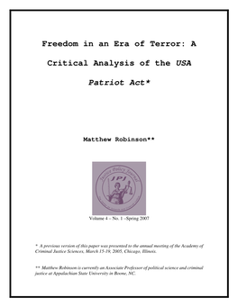 Freedom in an Era of Terror: a Critical Analysis of the USA Patriot Act*