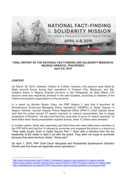 FINAL REPORT of the NATIONAL FACT-FINDING and SOLIDARITY MISSION in NEGROS ORIENTAL, PHILIPPINES April 4-8, 2019