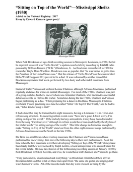 Sitting on Top of the World”—Mississippi Sheiks (1930) Added to the National Registry: 2017 Essay by Edward Komara (Guest Post)*