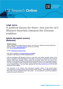 A Political Theory for Them—But Not for Us?: Western Theorists Interpret the Chinese Tradition