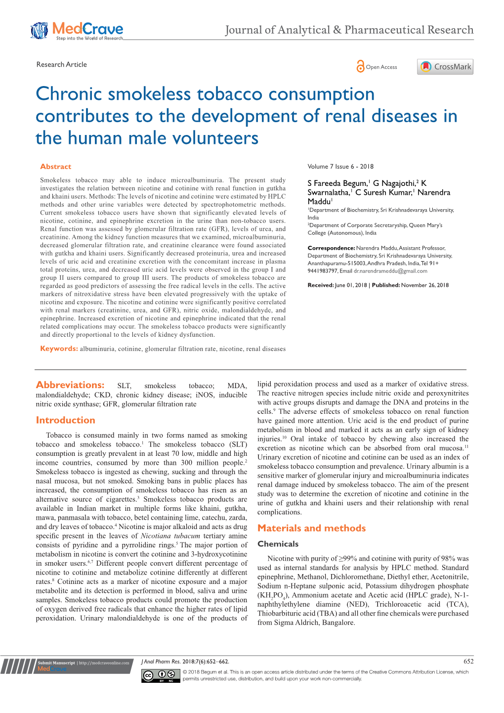 Chronic Smokeless Tobacco Consumption Contributes to the Development of Renal Diseases in the Human Male Volunteers