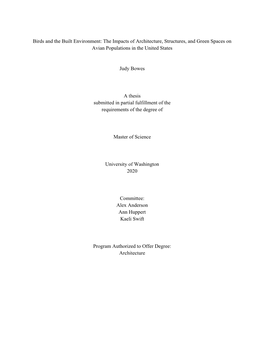 Birds and the Built Environment: the Impacts of Architecture, Structures, and Green Spaces on Avian Populations in the United States