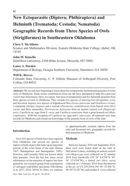 (Trematoda; Cestoda; Nematoda) Geographic Records from Three Species of Owls (Strigiformes) in Southeastern Oklahoma Chris T