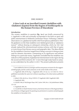 A New Look at an Inscribed Ceramic Medallion with Gladiators (Equites) from the Region of Parthicopolis in the Roman Province of Macedonia*