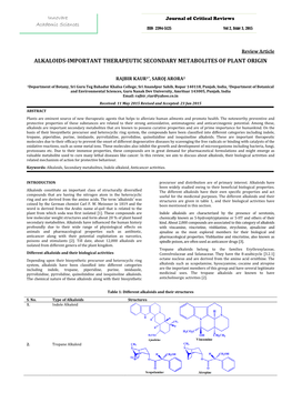 Alkaloids-Important Therapeutic Secondary Metabolites of Plant Origin