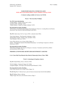 HARLEM RENAISSANCE: COURSE SYLLABUS NOTE: This Is a Provisional Syllabus