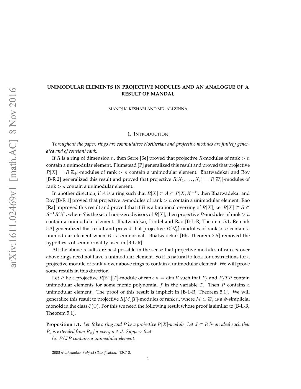 Unimodular Elements in Projective Modules and an Analogue of a Result of Mandal 3