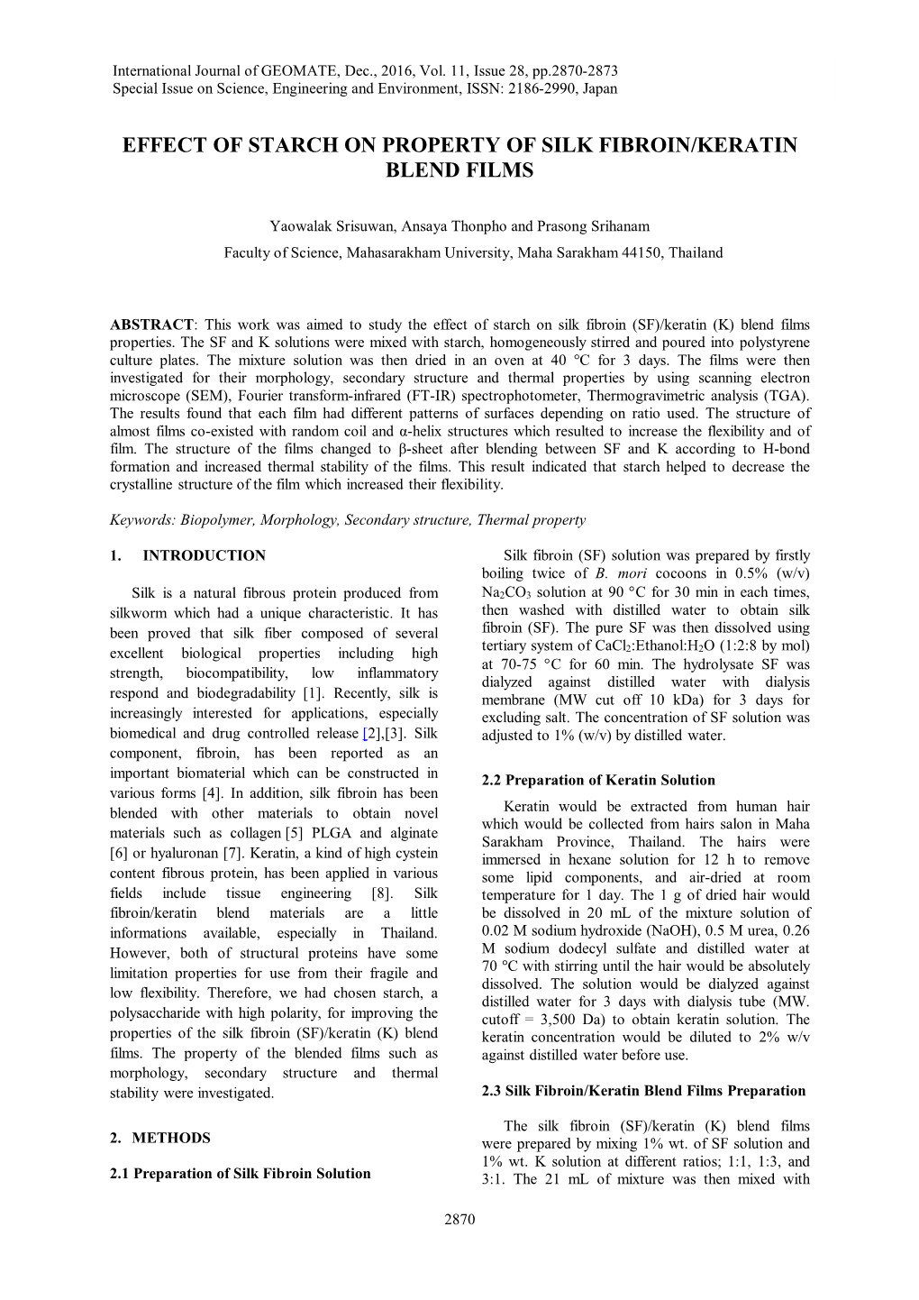 Effect of Starch on Property of Silk Fibroin/Keratin Blend Films