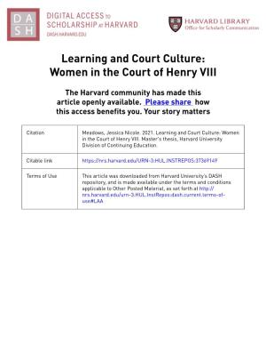 Learning and Court Culture: Women in the Court of Henry VIII