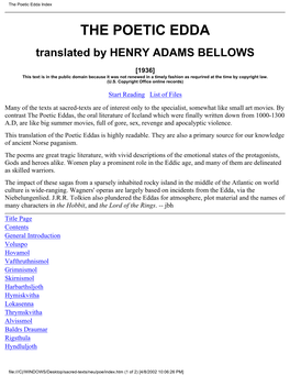 THE POETIC EDDA Translated by HENRY ADAMS BELLOWS